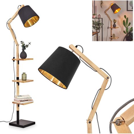 Lampadaire en bois/métal/tissu naturel/noir-or, lampe réglable au design bohème avec étagères et interrupteur, 152,5 cm, E27, salon, chambre à coucher, salle à manger (1/5)