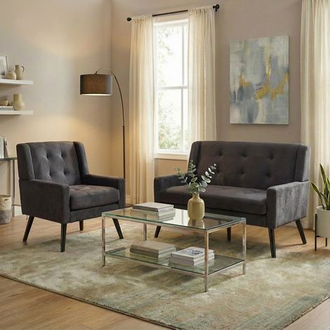 Ensemble de fauteuils d’appoint 2 pièces, tissu gris foncé, pieds en bois (1/5)
