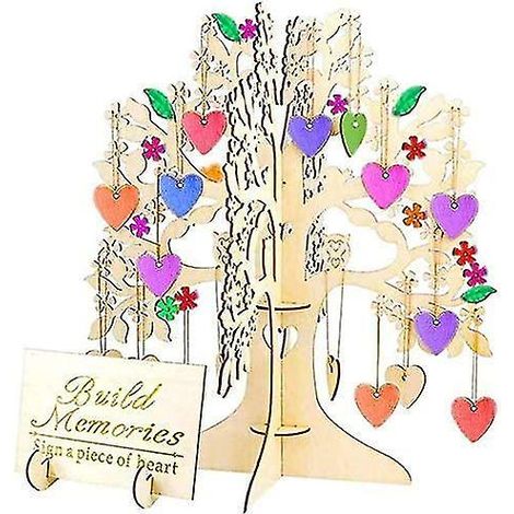 Arbre à souhaits en bois 3D servant de livre d'or pour un mariage, décorations en bois avec 100 cœurs à décorer soi-même (1/5)