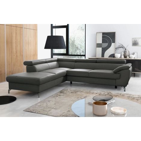 Canapé d'angle convertible en cuir italien de luxe 5/6 places FINLANDE avec coffre, gris foncé, angle gauche