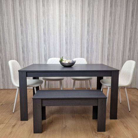 Dining Table and 4 Chairs With Bench Black Dark Grey 4 White Leather Wooden Bench Chairs Wood Dining Set Furniture (1/5)