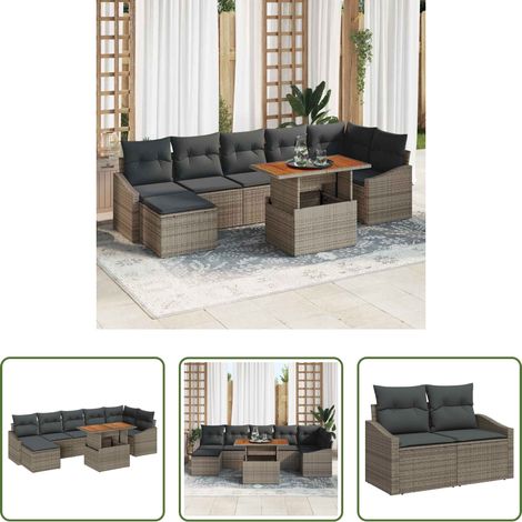 Poly rattan - Ensemble de salle à manger pour jardin 8 pcs Gris et marron (1/5)