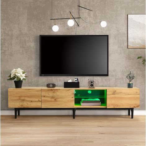 TV-Schrank 175x31x41 cm Eiche hell und Schwarz aus MDF mit LED-Beleuchtung und 3 Stauraumfächern (1/5)