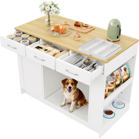 Isla de cocina blanca 120 x 60 x 90 cm en MDF con 3 cajones y espacio para mascota (1/5)