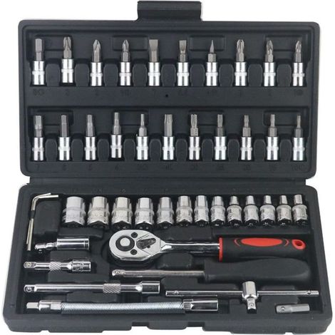 Jeu de 46 clés à cliquet 1/4 pouce, acier au carbone chromé, douilles métriques, pour réparation auto et bricolage (1/5)