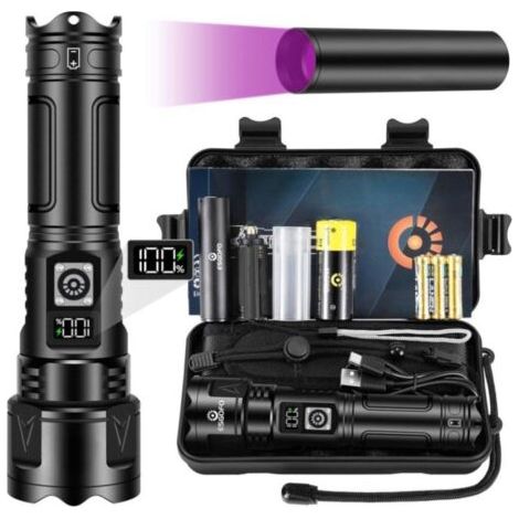Lampe Torche LED Ultra Puissante, 100000 Lumen Lampe de Poche Rechargeable USB C, Multifonction Longue Portée Tactique Torches, Zoomable IPX6 Etanche Flashlight, LCD Affichage, Pour Camping (1/4)