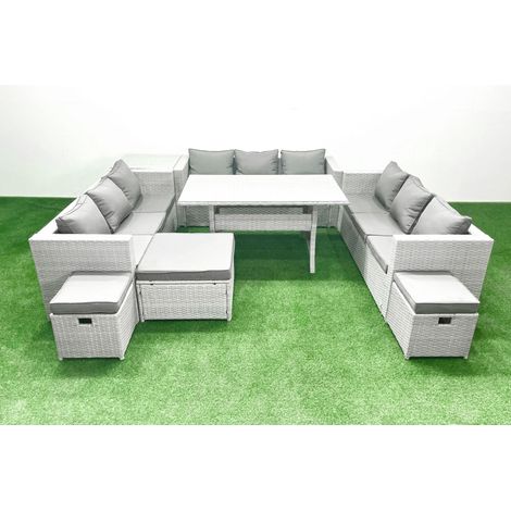 Fimous Ensemble de meubles de jardin en polyrotin 12 places  avec 3 Repose-pieds Table d'appoint Gris clair mélangé (1/5)