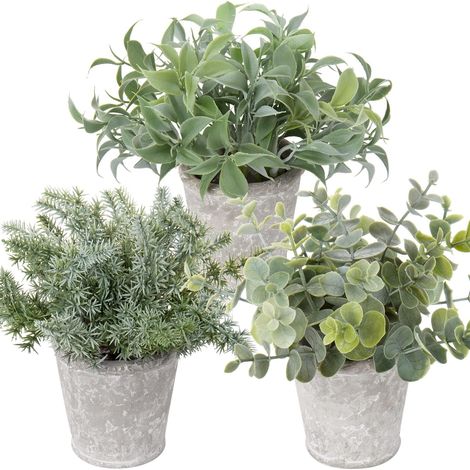 Lot de 3 mini plantes artificielles eucalyptus romarin dans un pot de ciment Décoration de salle de bain, bureau, cuisine, jardin (1/5)