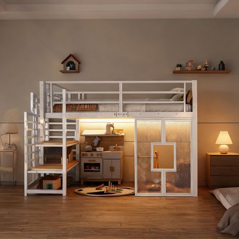 Cadre de lit coloris blanc en fer MDF 257 x 98 x 128 cm (1/5)