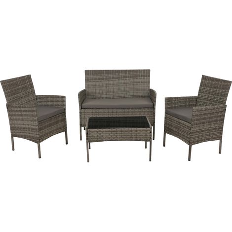 Set da giardino poly-rattan HHG-069, salottino, metallo vetro stoffa/tessuto (180 g/m²), grigio, cuscini grigio chiaro
