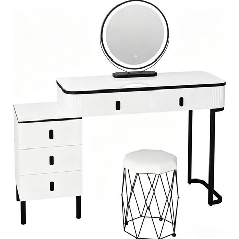 Coiffeuse avec miroir LED dimmable et tabouret en velours, blanc et noir, 125x40x100 cm (1/5)