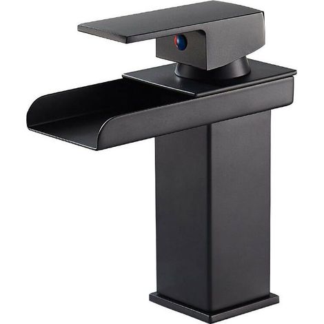 AGE Robinet de lavabo à quatre côtés en cuivre fin, robinet à cascade à large gueule de peinture noire, lavabo de salle de bain, robinet mélangeur chaud et froid (1/5)
