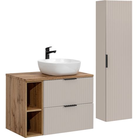Conjunto de muebles con lavabo individual 80cm 2 compartimientos y columna Adriel Cachemira y Madera (1/4)