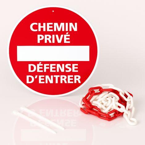 Chemin privée défense d'entrer disque rigide prépercé avec chaine plastique rouge/blanc avec collier de serrage de serrage - panneau rond signalisation Diamètre 300 mm