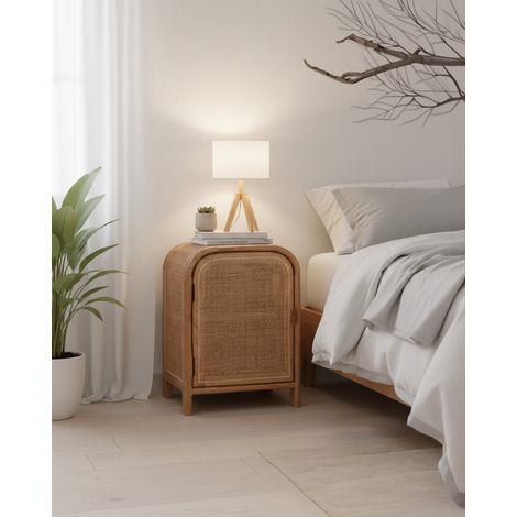 Tiraya - Table de nuit bois avec porte en rotin naturel (1/5)