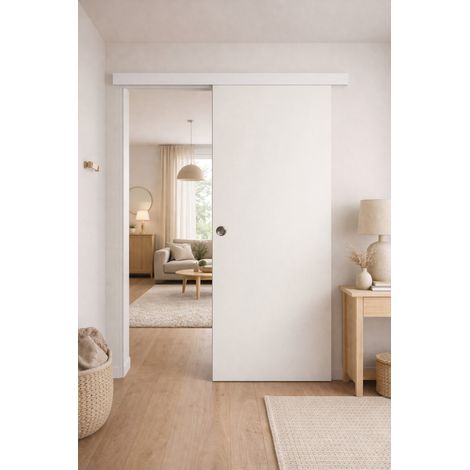 Porte Coulissante Blanc Pur Lacdor  H204 X L73 Cm, Rail Alu Bandeau Blanc, Coquilles Gd Menuiseries