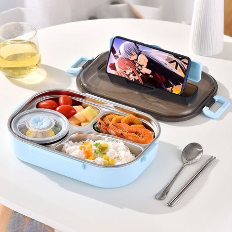Boîte à lunch Bento étanche à 4 compartiments avec porte-ustensiles, couvercle avec support pour téléphone, compatible lave-vaisselle, sans BPA, pour adultes et enfants (1/5)