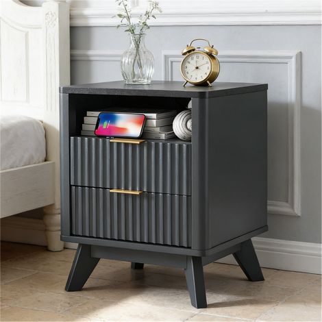 Table de chevet bois Moderne 18" Style Fluté avec Station de Charge, Meuble d'Appoint à 2 Tiroirs & Plateau Faux Marbre, Profil Courbé pour Chambre & Salon - Panneau de Particules Dark Grey (1/5)