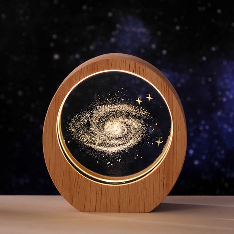 Veilleuse Planète Galaxie, cadre rond en bois, ornement de bureau lumineux en cristal sculpté 3D, base en bois, cadeau d (1/5)