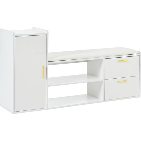 Meuble à chaussures 1283068cm avec 2 tiroirs et 1 armoire, meuble à chaussures brillant avec assise rembourrée et espace de rangement, adapté au salon, couloir, bureau, blanc (1/5)