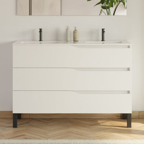 Meuble sous vasque seul, 3 tiroirs, 120cm, pour double vasque - blanc mat - MATA