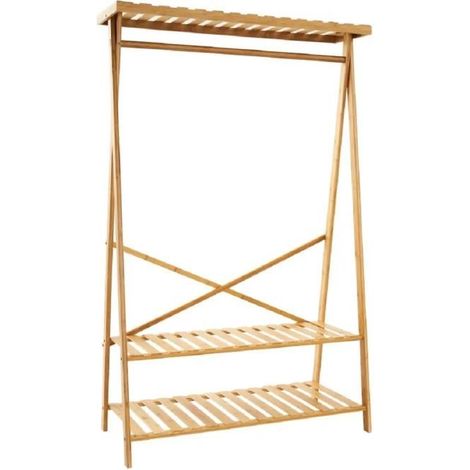 Portant vêtements avec trois étagères en bambou coloris naturel - Longueur 100 x Profondeur 43 x Hauteur 160 cm-JUANIO (1/4)