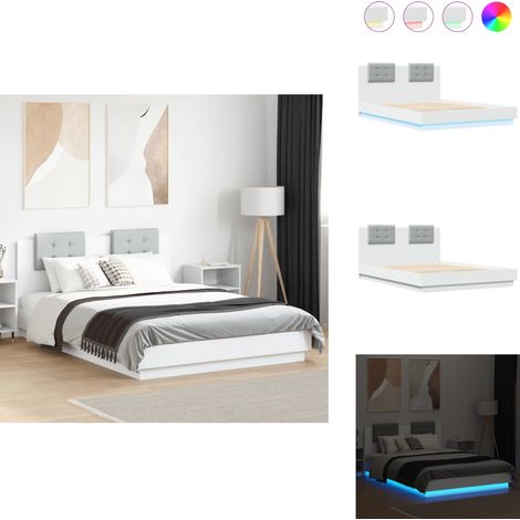 Bettgestell mit Kopfteil und LED-Leuchten Weiß 120x200 cm - Holzbettfassad - Bettsystem - Doppelbett - LED Beleuchtung - Weißes Bett (1/5)