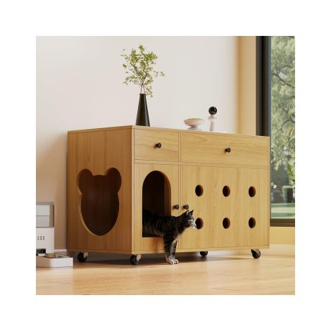 Meuble à litière pour chat (bac à litière mobile) – Meuble/maison pour chat avec plaque de drainage du sable amovible, isolation anti-odeurs, sans bac à litière, 100×45×66 cm (couleur bois naturel, co
