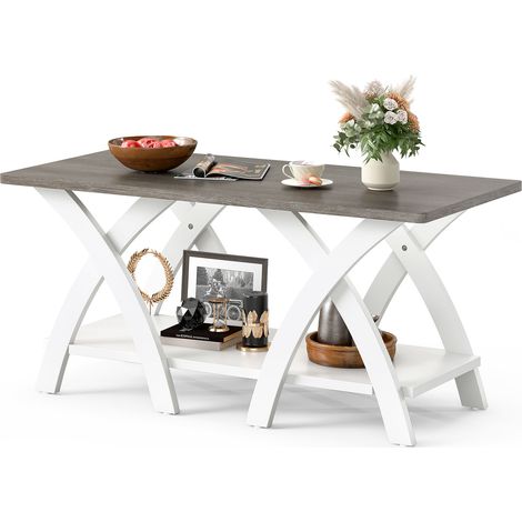 COSTWAY 40” Farmhouse Wooden Accent Table with Storage Shelf-Gray (1/5)