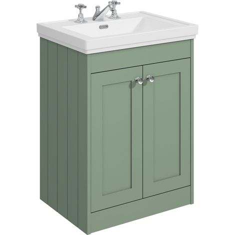 Balterley Butterton 600mm Floor Standing 2 Door Unit with Classic Basin 3 Tap Hole - Satin Green (1/4)