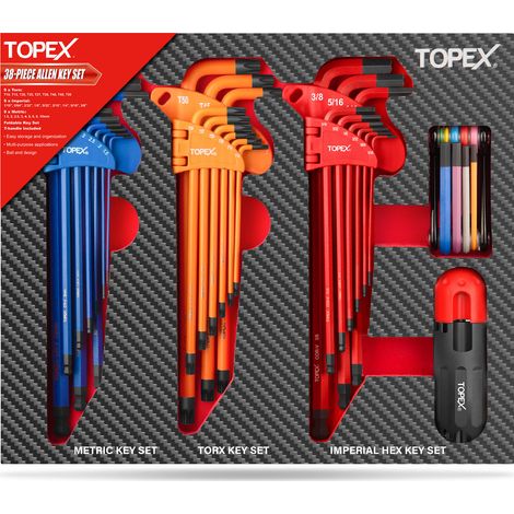 TOPEX 38Pcs Folding Allen Key Set, Multicolor Hex Key Allen Wrench Ball End (1/5)