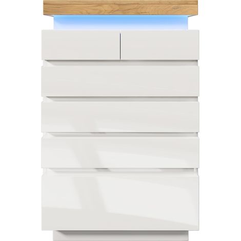Cómoda brillante de 6 cajones con iluminación LED, mueble de almacenaje blanco 115 x 73 x 39 cm (1/5)