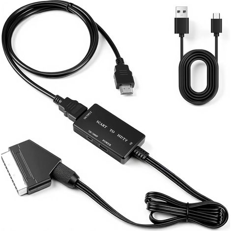 Adaptateur péritel vers HDMI 1080P, adaptateur HDMI S-CART pour TV, péritel vers H-DMI avec câble H-DMI, convertisseur audio vidéo Plug & Play pour DVD, VHS, Xbox, PS2, PS3, STB, Blu-ray, noir (1/5)