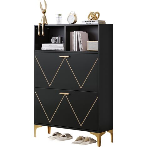 CHICFURN Meuble à chaussures noir avec 2 portes abattantes, 4 compartiments, 2 étagères semi-ouvertes, structure MDF et pieds métalliques pour l'entrée (1/5)