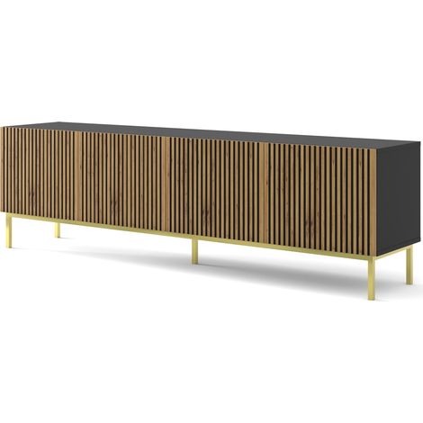MOBILE RAVENNA F PORTA TV IN MDF VERNICIATO 4D 200 NERO OPACO ROVERE ARTIGIANALE STRUTTURA ORO
