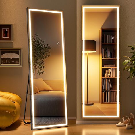 Miroir corporel 140x40 cm avec éclairage – Miroir sur Pied LED autoportant avec 3 Couleurs de lumière réglables et gradable, pour Chambre et Dressing, Noir (1/5)