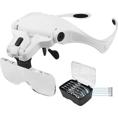 Lenti d'ingrandimento con 2 luci LED, fascia per la testa con lente d'ingrandimento, cuffie con lente d'ingrandimento a mani libere per cucito, lettura, riparazioni, gioielli, orologi e lavori manuali (1/5)