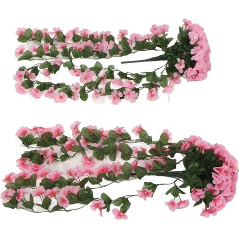Lot de 2 fleurs artificielles violettes suspendues, plantes en plastique simulant la couleur rose, pour la décoration de jardin, terrasse, porche ou extérieur (mariage). (1/5)