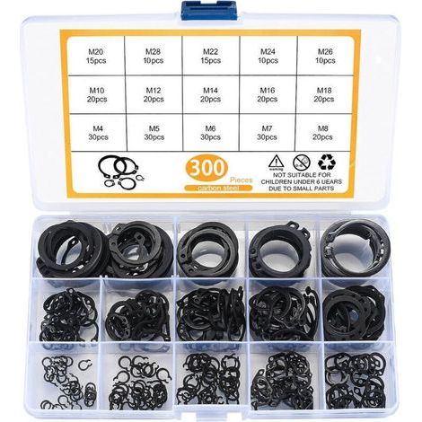 300 Pièces E-clips Kit Anneau de Retenue Externe, Assortiment Circlips Snap, Bagues d'arrêt Circlips, M4-M28 (1/4)