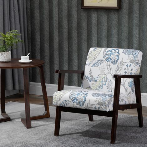 Gepolsterter Wohnzimmersessel mit Holzarmlehnen und atmungsaktivem Stoff für Zuhause und Büro, Blumenmuster, 68,5 x 78,5 x 75 cm (1/5)