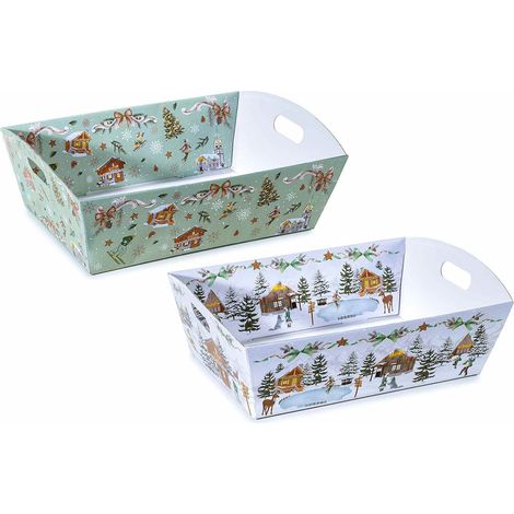 Vassoi natalizi piccoli in carta con decori paesaggio di Natale innevato. Ideali per confezionare cesti regalo e prodotti, set da 20 pezzi