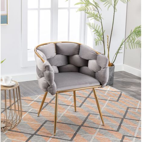 Silla de acento moderna, tapizado de terciopelo, reposabrazos, estructura de metal dorado, respaldo medio, gris (1/5)