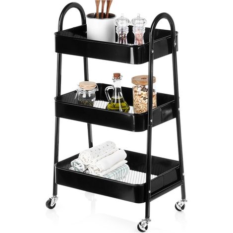 Scaffale a 3 ripiani in metallo nero con ruote, dimensioni 44x31,5x78,5 cm. (1/5)