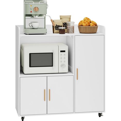 Puluomis Meuble de Rangement Cuisine pour Micro-ondes, Buffet Desserte Salle à Manger avec Roulettes Verrouillables et 3 Portes, Étagère, Fermeture Magnétique, 40KG MAX, Blanc (1/5)