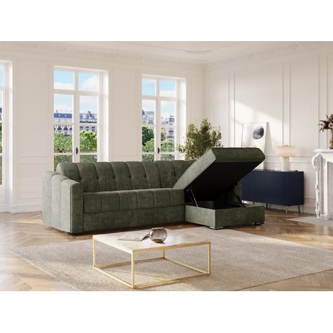 Canapé d'angle réversible convertible express en tissu texturé vert kaki - Couchage lattes larges 160 cm - Matelas 22 cm avec mémoire de forme - DARIELO (1/4)
