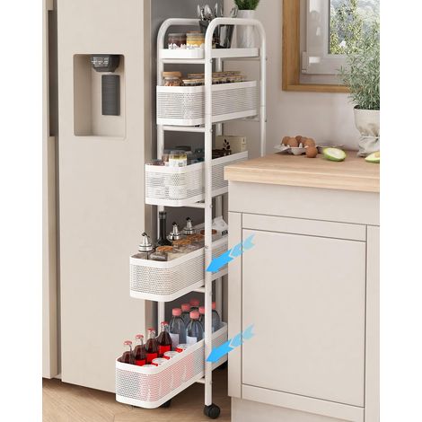 Chariots de Rangement pour Cuisine, Blanc Chariot à roulettes étroit en métal à 5 Niveaux desserte à roulettes sur roulettes avec tiroirs coulissants étagère de Niche (1/5)