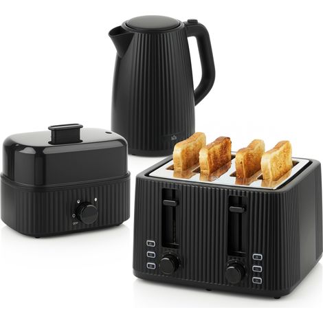 1,7L Schnellkoch-Wasserkocher und 4-Scheiben-Toaster-Set, Eierkocher für 6 Eier mit Kontrollleuchte Schwarz