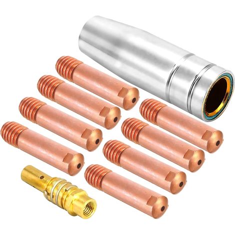 Consumabili per saldatrice MIG, accessorio per torcia 15AK, 1 ugello a gas conico, 10 punte di contatto M6 1,0 mm, 1 supporto per punte di contatto adatto per saldatrice a pistola con torcia 15AK - 12 (1/5)