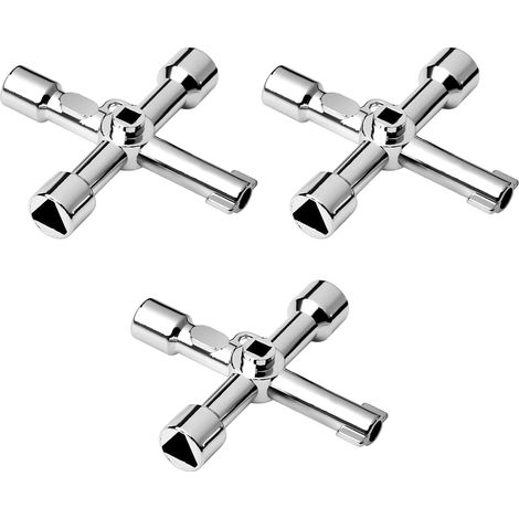 3 Pièces Clé Multifonction à 4 Voies Cle en Croix Utilitaire Multifonction Universelle pour Armoire Compteur Gaz Eau Électricité en Forme Cross Triangle Key pour Vannes Armoires Électriques, Argent. (1/5)