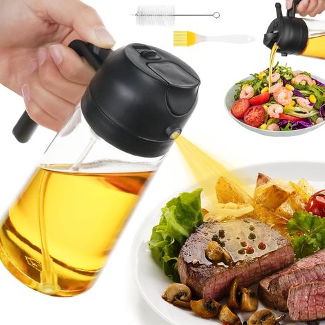 470ML Öl Sprühflasche, 2 in 1 Ölspender und Zerstäuber, Cooking Oil Sprayer für Speiseöl & Olivenöl (Schwarz) (1/5)